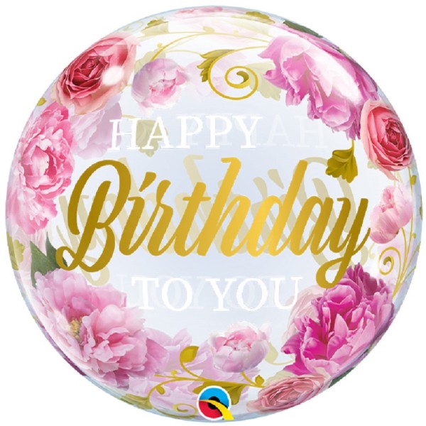 Qualatex Bubble Happy Birthday to you Pink Peonies 22" 56cm Luftballon