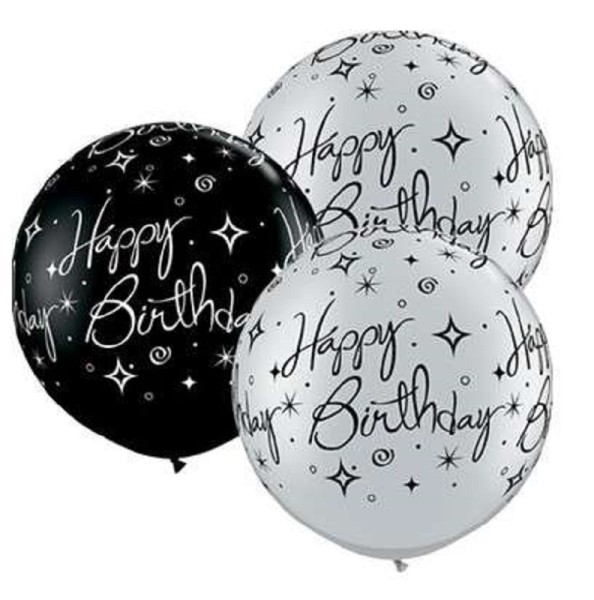 Happy Birthday Sparkles and Swirls Black Silver 75cm 30 Inch Latex Riesenluftballons Qualatex