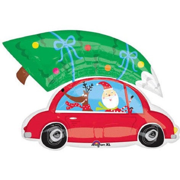 Weihnachtsmann mit Tannenbaum auf dem Autodach Folienballon 79cm 31"